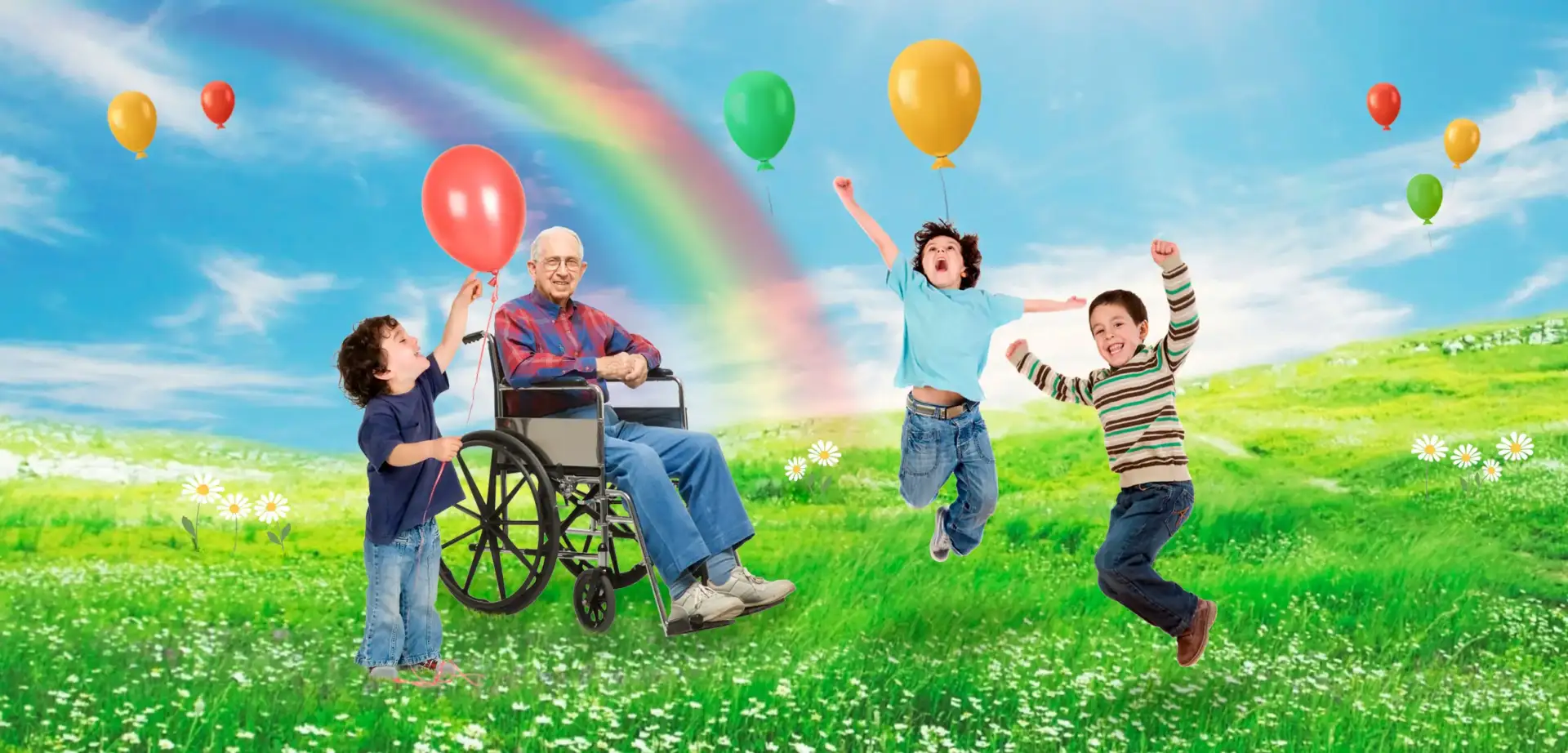 spielende Kinder spielende Kinder auf einer Wiese mit einem Regenbogen und Luftballons im Hintergrund